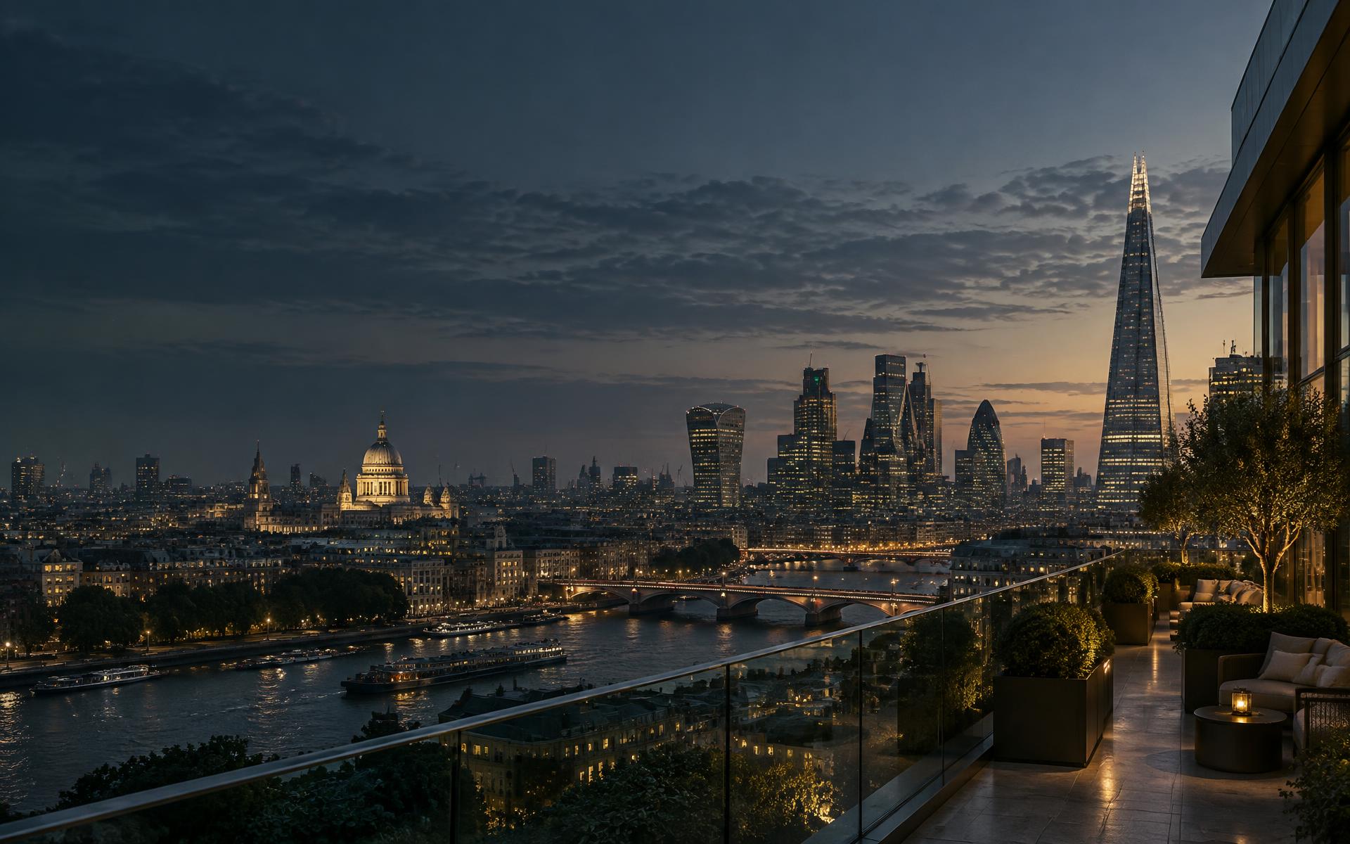 The City of London skyline at dusk, viewed across the River Thames
